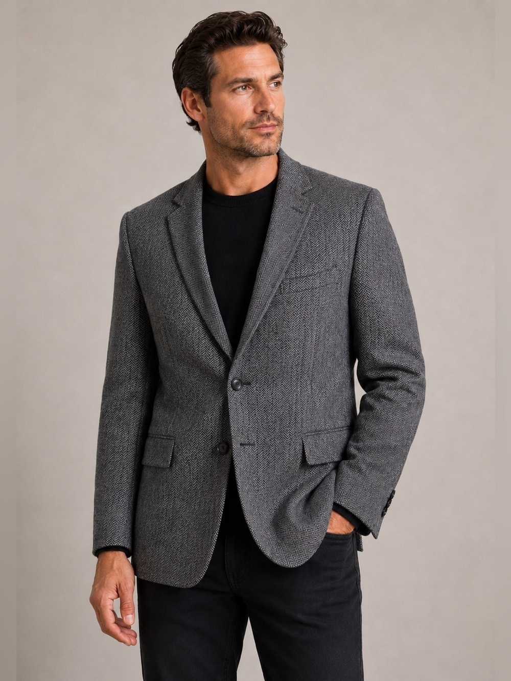 Claiborne Wool Blend Herringbone Sport Coat Blazer | Gray Black | 42R
